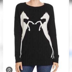 Aqua Intarsia Cashmere Black Sweater with White Horse Design Size S